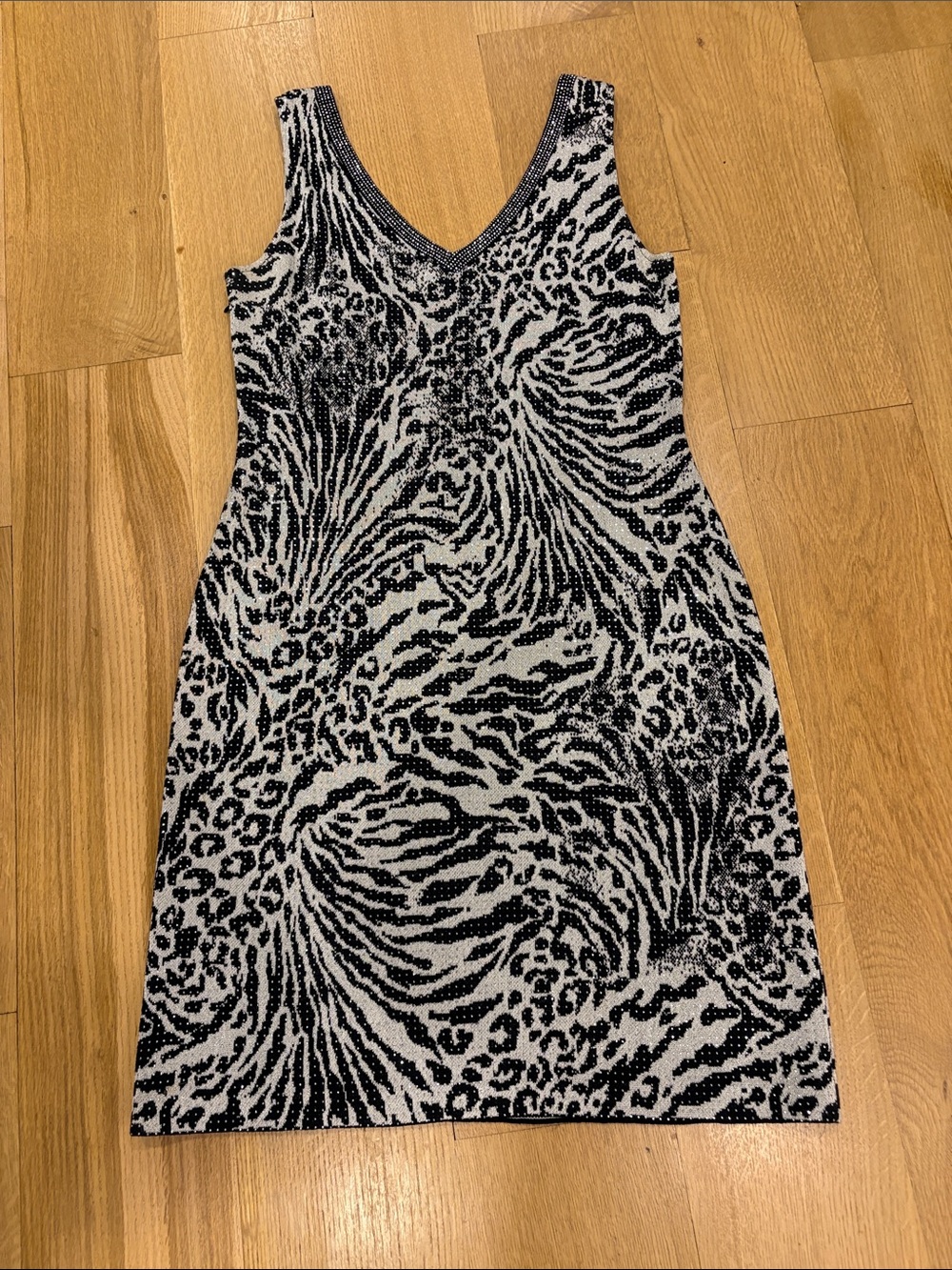 Vintage St. John’s Evening Black & White Animal Print V-Neck Women's Dress